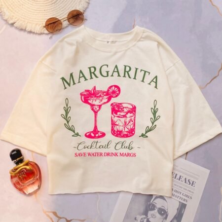 Cropped Estampado Aesthetic Minimalista Taça de Margarita Verão Feminino Algodão Estilo Blusa T-shirt Curta