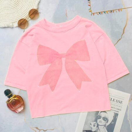 Cropped Estampado Aesthetic Big Laço Verão Feminino Algodão Estilo Blusa T-shirt Curta